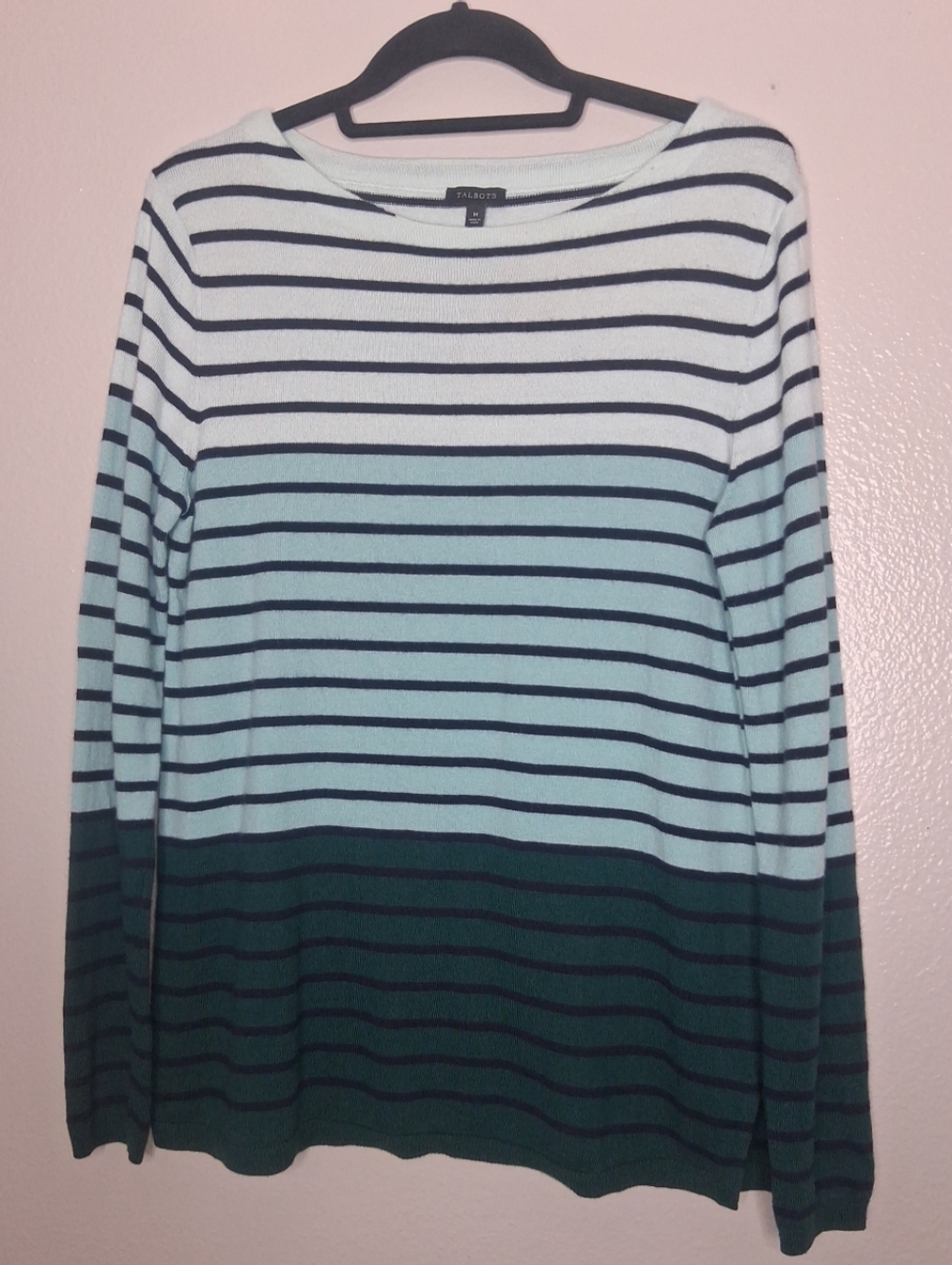 Talbots Green Striped Boat Neck Long Sleeve Sweater Nylon Lambswool Preppy Sz M